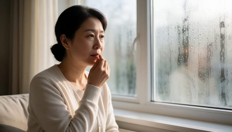 환절기 아침 창가에서 한쪽 코를 막고 숨을 쉬어보는 여성