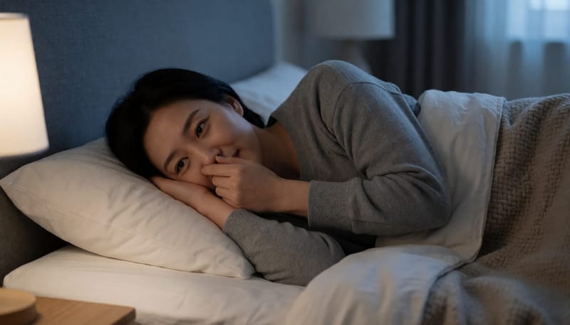 밤에 옆으로 누워 한쪽 코막힘으로 불편해하는 여성