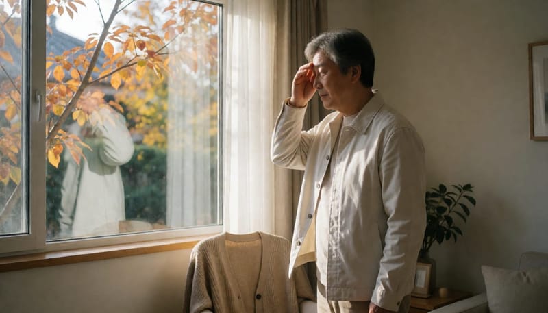 환절기 창가에 서서 이마를 짚으며 컨디션을 살피는 중년 남성