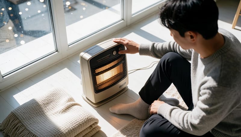 전기난로에 발을 너무 가까이 대는 잘못된 온열 관리 습관을 보여주는 장면