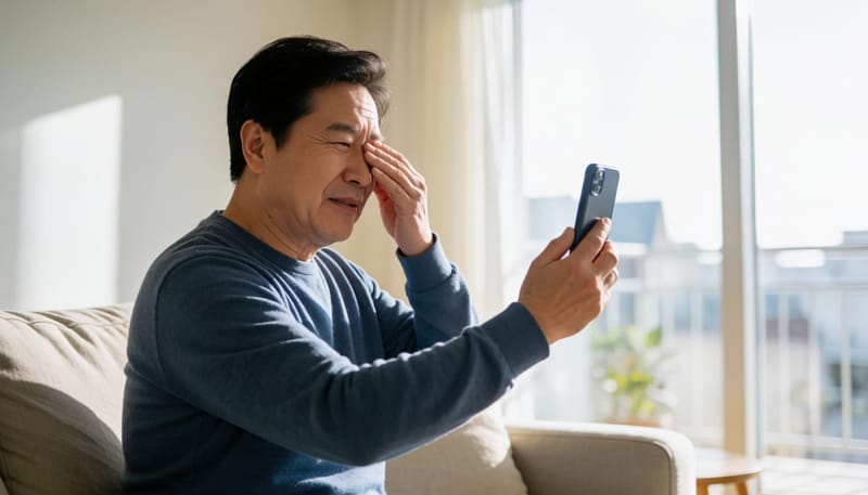 당뇨병 환자가 시야가 흐릿해져 눈을 비비는 모습