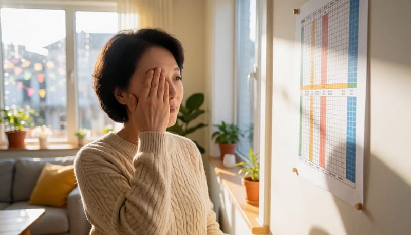 집에서 한쪽 눈을 가리고 시력을 자가 체크하는 여성