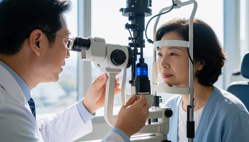안저검사 장비로 눈 검사를 받는 환자의 모습