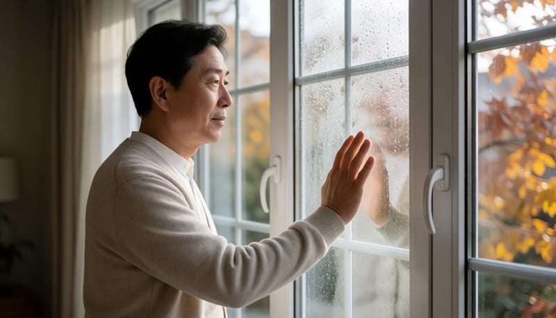 환절기 창가에서 바깥 단풍을 바라보는 중년 남성