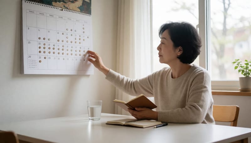 달력을 확인하며 건강 관리 습관을 점검하는 여성