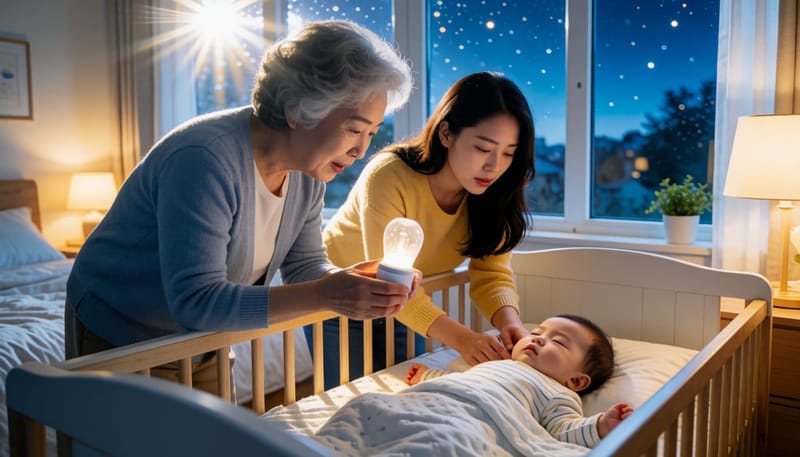 밤에 아기를 함께 돌보는 가족의 모습