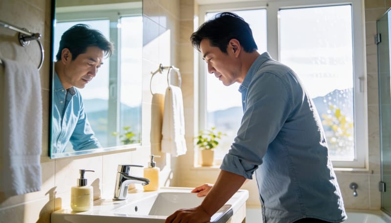 복통과 배변 변화로 힘들어하는 남성의 모습