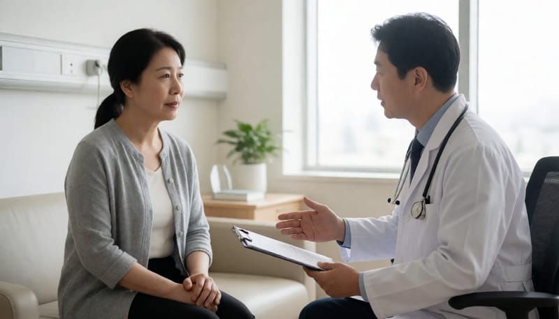 불면증 상담을 위해 병원에서 의사와 대화하는 여성