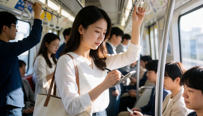 출근길 지하철에서 메모를 남기는 2030 여성