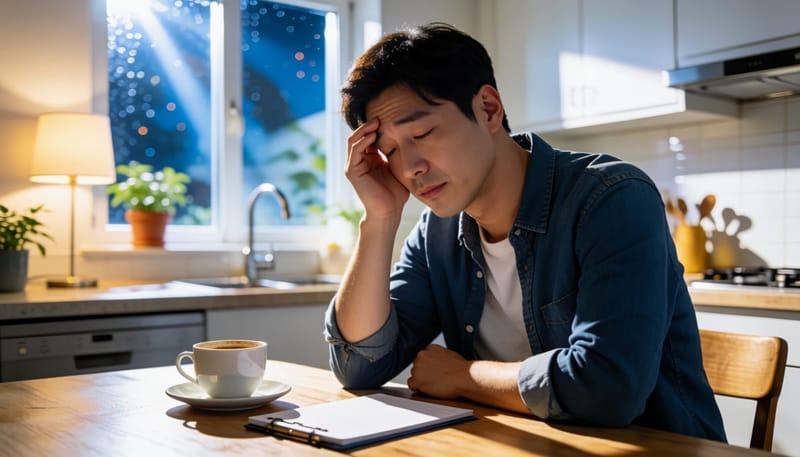 스트레스와 수면 부족으로 지쳐 보이는 늦은 밤의 남성