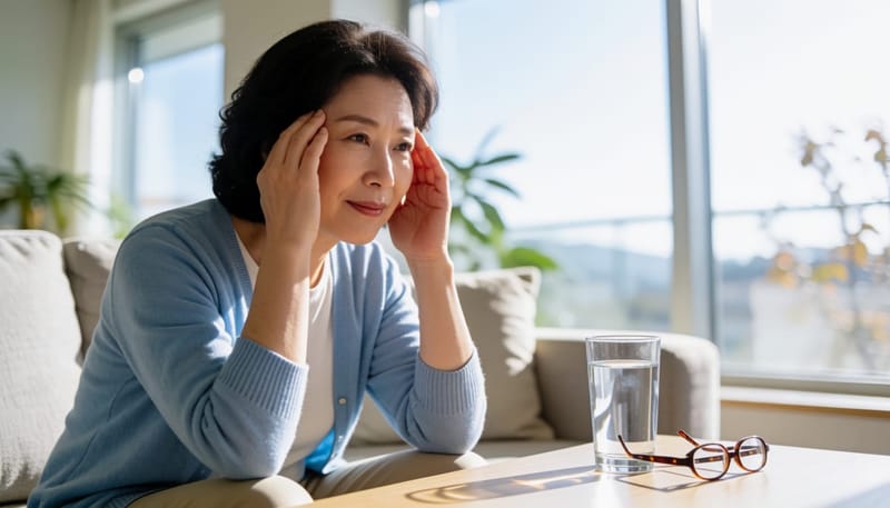소파에서 눈을 감고 눈을 깜빡이며 휴식하는 여성