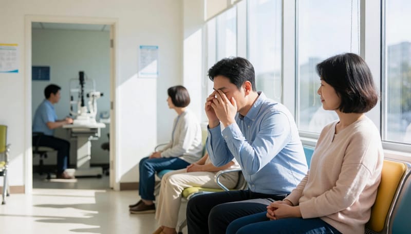 안과 대기실에서 눈을 지압하며 걱정스러운 표정의 남성