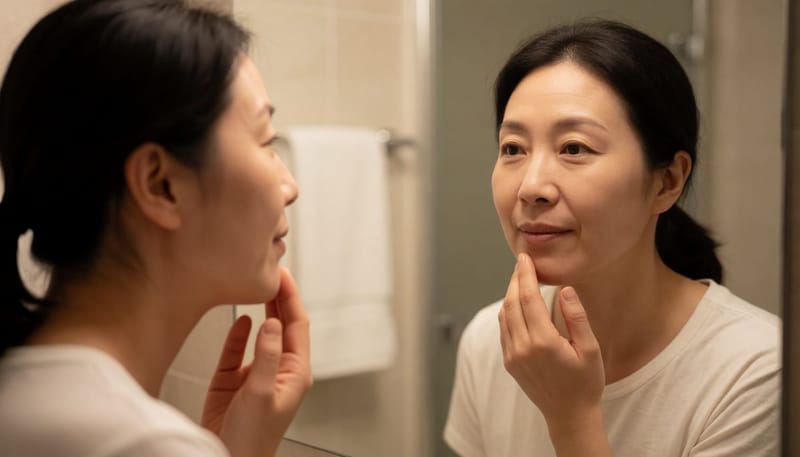 거울을 보며 붉게 부은 잇몸을 살피는 여성의 모습