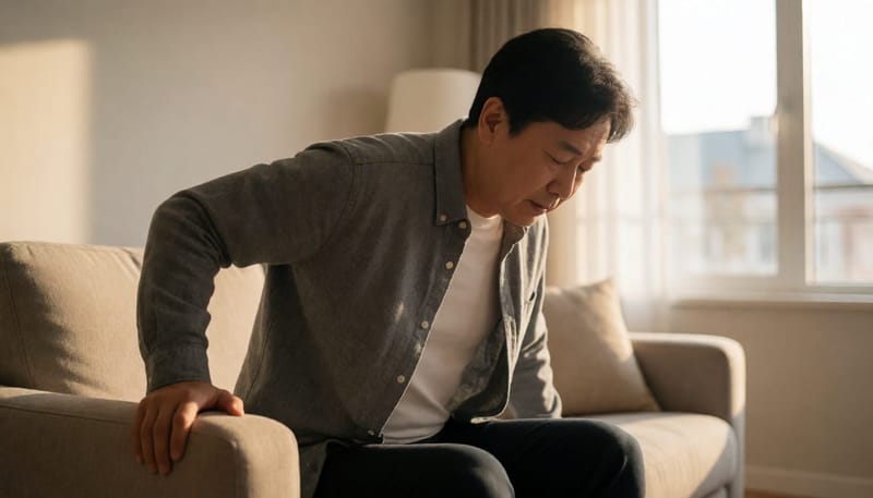 소파에서 일어서며 휘청이는 남성