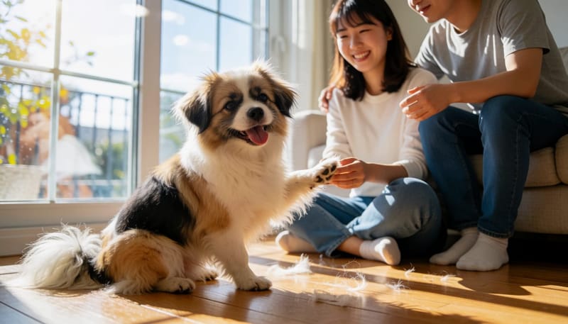 환절기에 목 부위를 긁고 있는 강아지와 바닥에 흩어진 털