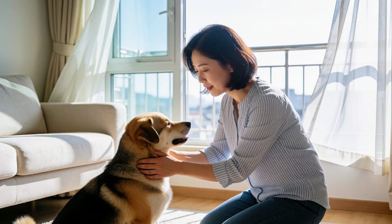 환절기 바람이 들어오는 창가에서 강아지 피부를 살펴보는 여성