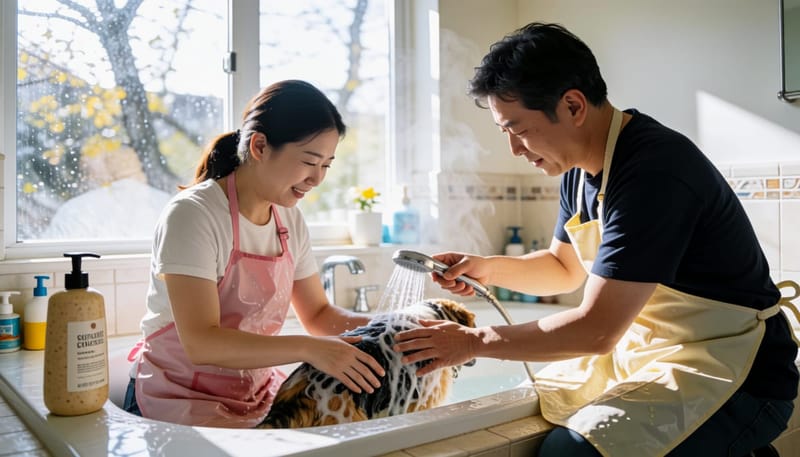 가정 욕실에서 약용 샴푸로 강아지를 목욕시키는 남성