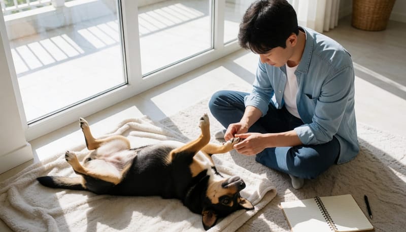 집에서 강아지의 발과 배를 꼼꼼히 확인하는 모습