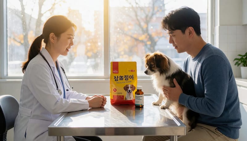 사료와 약을 함께 놓고 치료 방법을 상담하는 모습