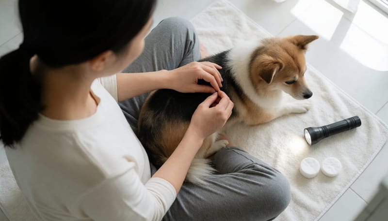 집에서 강아지 발 상태를 꼼꼼히 체크하는 보호자
