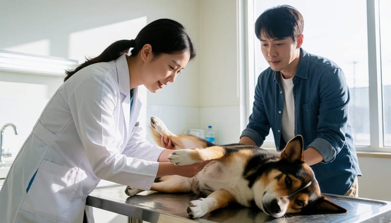 동물병원 진료실에서 수의사가 강아지의 뒷다리를 살피고 보호자가 지켜보는 장면
