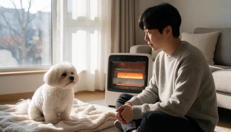 겨울 난방이 켜진 집 안에서 눈을 살짝 찡그린 강아지