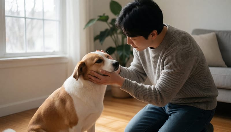 집에서 강아지 눈 상태를 확인하는 보호자
