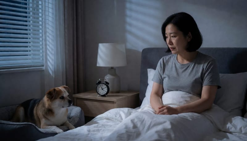 밤에 강아지 기침 소리에 잠에서 깬 여성이 걱정스럽게 바라보는 모습