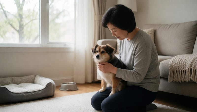 거실에서 반복되는 기침을 하는 강아지의 목 상태를 확인하는 보호자