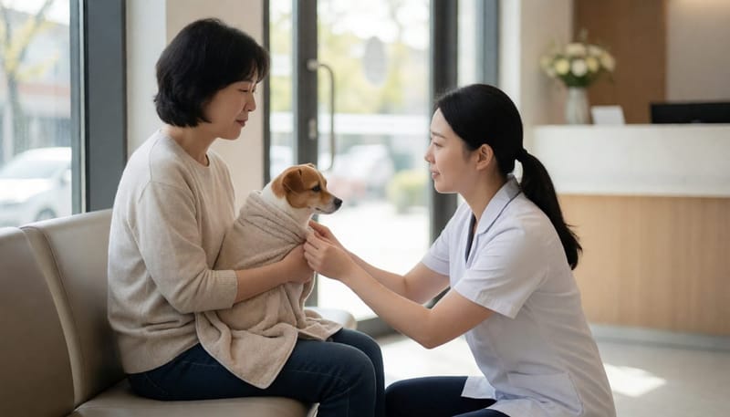 강아지의 상태를 보고 병원을 방문해 수의사와 상담하는 보호자
