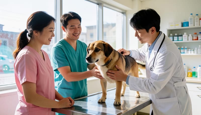동물병원에서 강아지의 복부를 촉진하며 건강 상태를 살피는 수의사