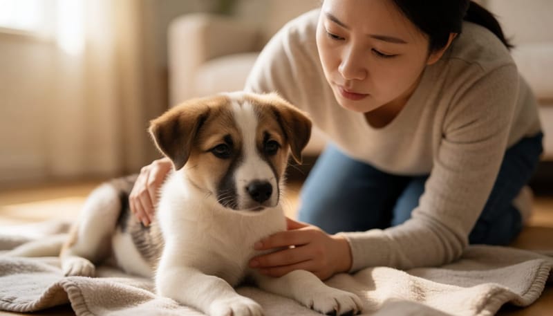 기름진 음식을 먹고 배가 부풀어 힘없이 누워있는 새끼 강아지를 걱정스럽게 살피는 여성