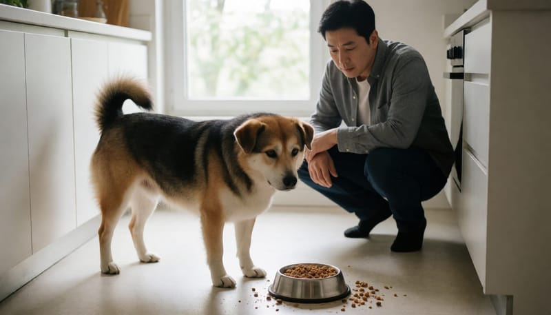 기름진 음식이 담겼던 그릇을 쓰러뜨린 통통한 성견과 이를 지켜보는 남성