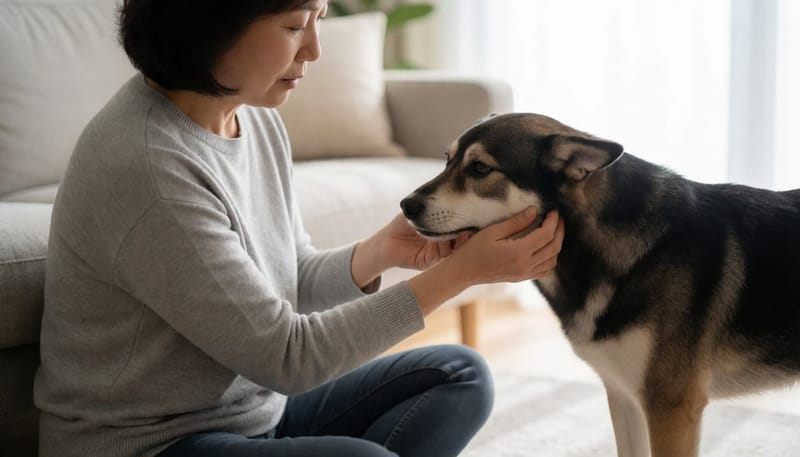 강아지의 배와 잇몸 상태를 손으로 직접 확인하며 체크하는 여성