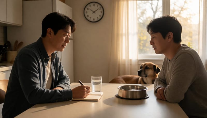 시계와 물그릇을 함께 두고 강아지의 회복 상태를 지켜보며 시간을 확인하는 남성