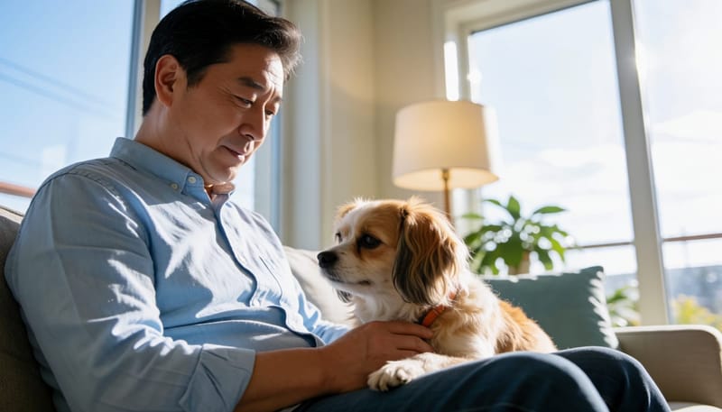 식단 관리를 하면서도 걱정스러운 표정으로 반려견을 바라보는 보호자