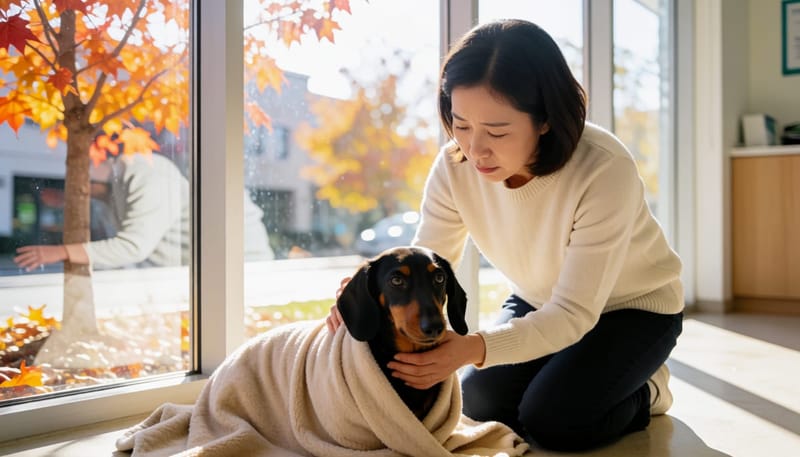 쌀쌀한 환절기 아침, 담요에 싸인 강아지를 안심시키는 보호자