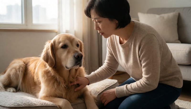 거실에서 강아지의 호흡을 유심히 살펴보는 여성