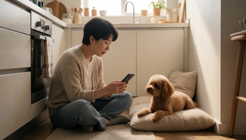 강아지 상태를 스마트폰으로 확인하며 병원 방문 여부를 고민하는 보호자