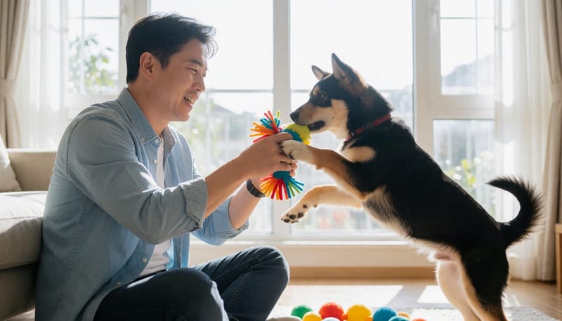 활발하게 뛰어노는 어린 강아지와 보호자의 놀이 장면