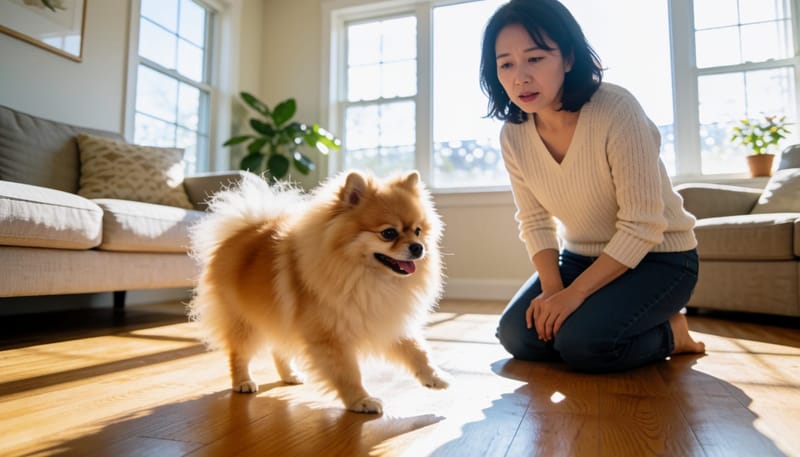 소형견이 한쪽 뒷다리를 들고 세 발로 걷는 모습