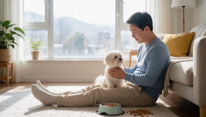 보호자가 강아지 뒷다리 무릎을 만져보는 모습