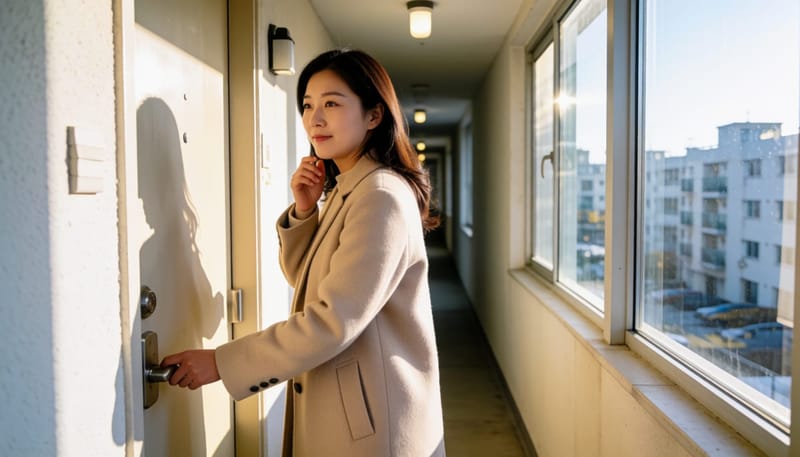 현관문 앞에서 몇 번째인지 되짚어보듯 돌아선 여성의 뒷모습