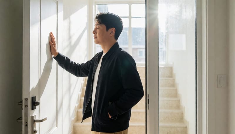 나서기 전 잠시 멈춰 마음을 가다듬는 남성