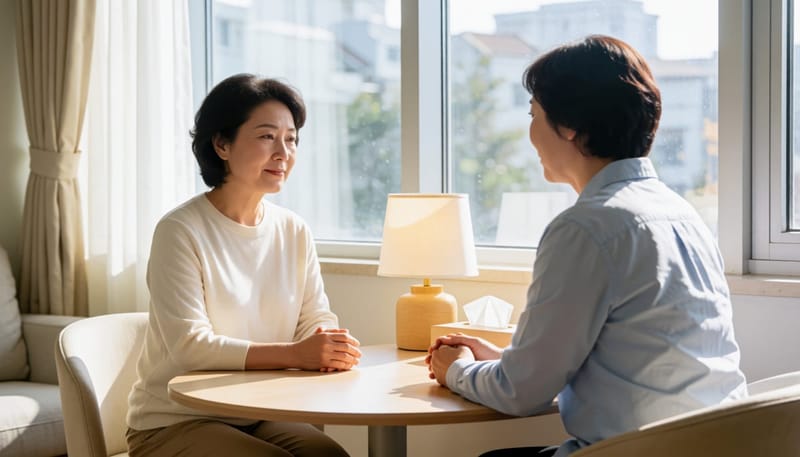 상담실에서 전문가와 마주 앉아 이야기를 나누는 여성
