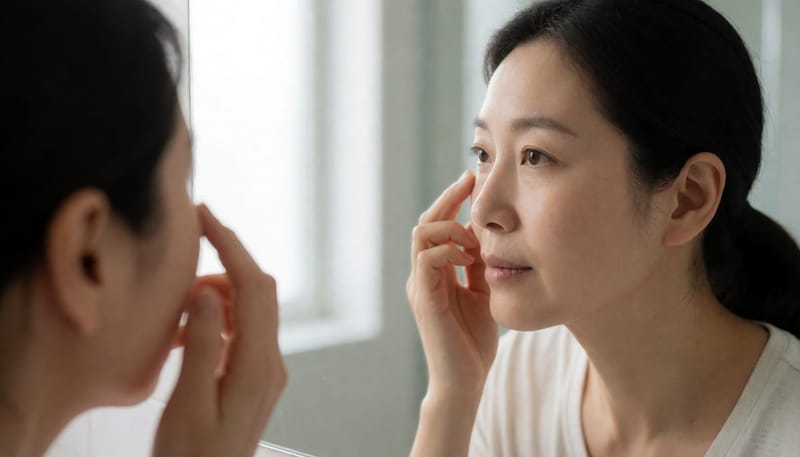 거울 앞에서 쌍수 붓기가 남은 눈두덩을 손끝으로 만져보는 여성