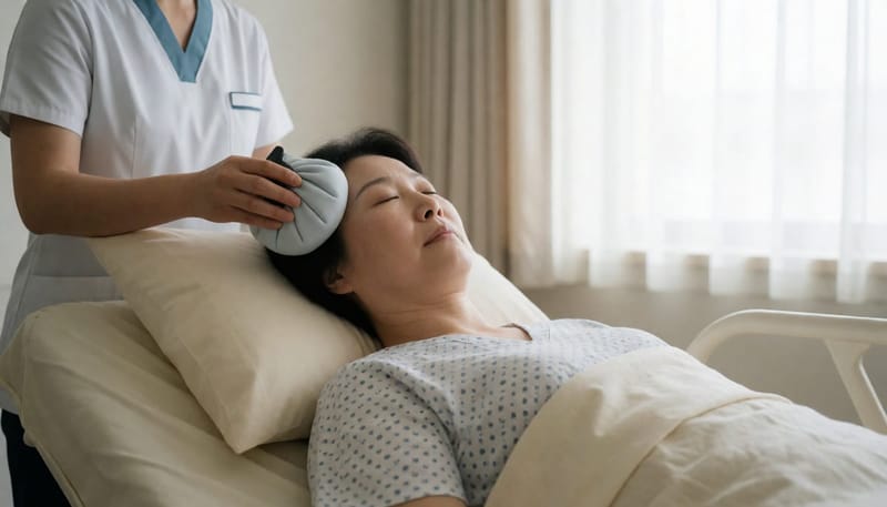 회복 클리닉에서 눈 주변에 냉찜질을 하며 누워 있는 여성과 간호사