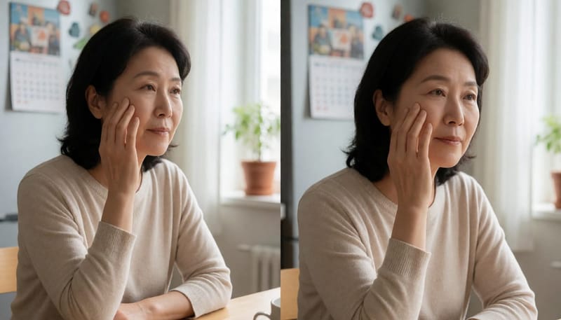 달력이 보이는 집 안에서 붓기 변화를 가늠해보는 여성
