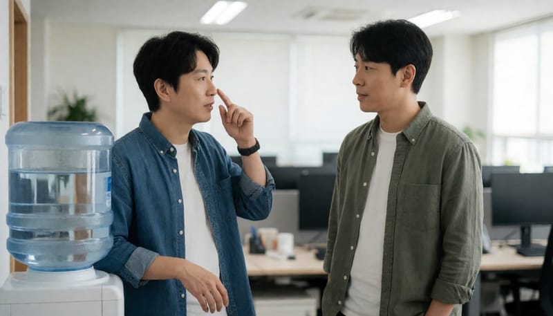 직장 동료들이 휴게 공간에서 코막힘 증상에 대해 대화하는 모습