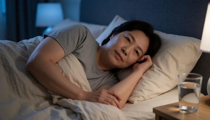 코막힘으로 잠을 이루지 못하고 뒤척이는 여성의 야간 모습